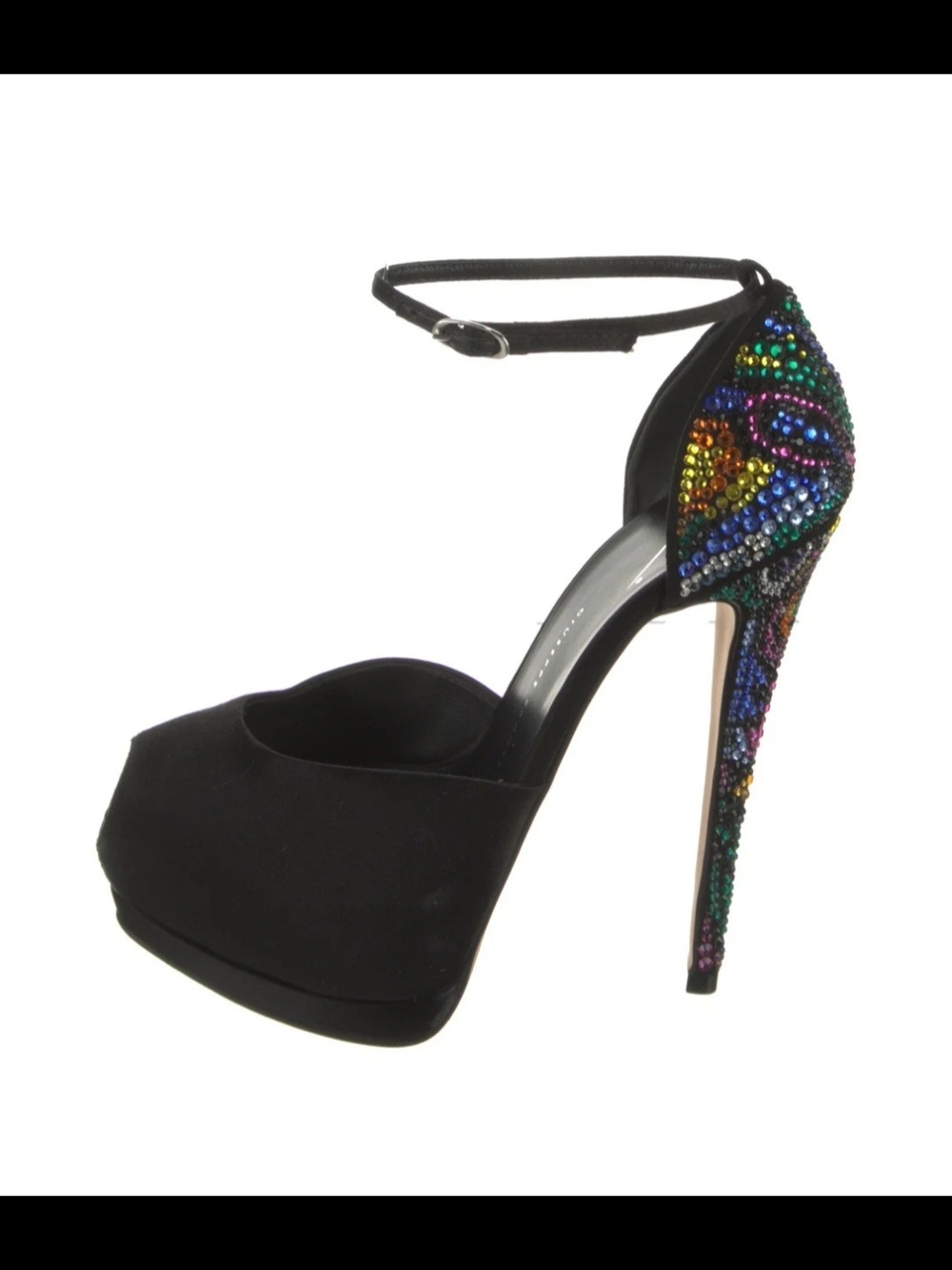 Giuseppe Zanotti Black Platform Ankle-Strap Pumps with Multicolor Crystal Heel